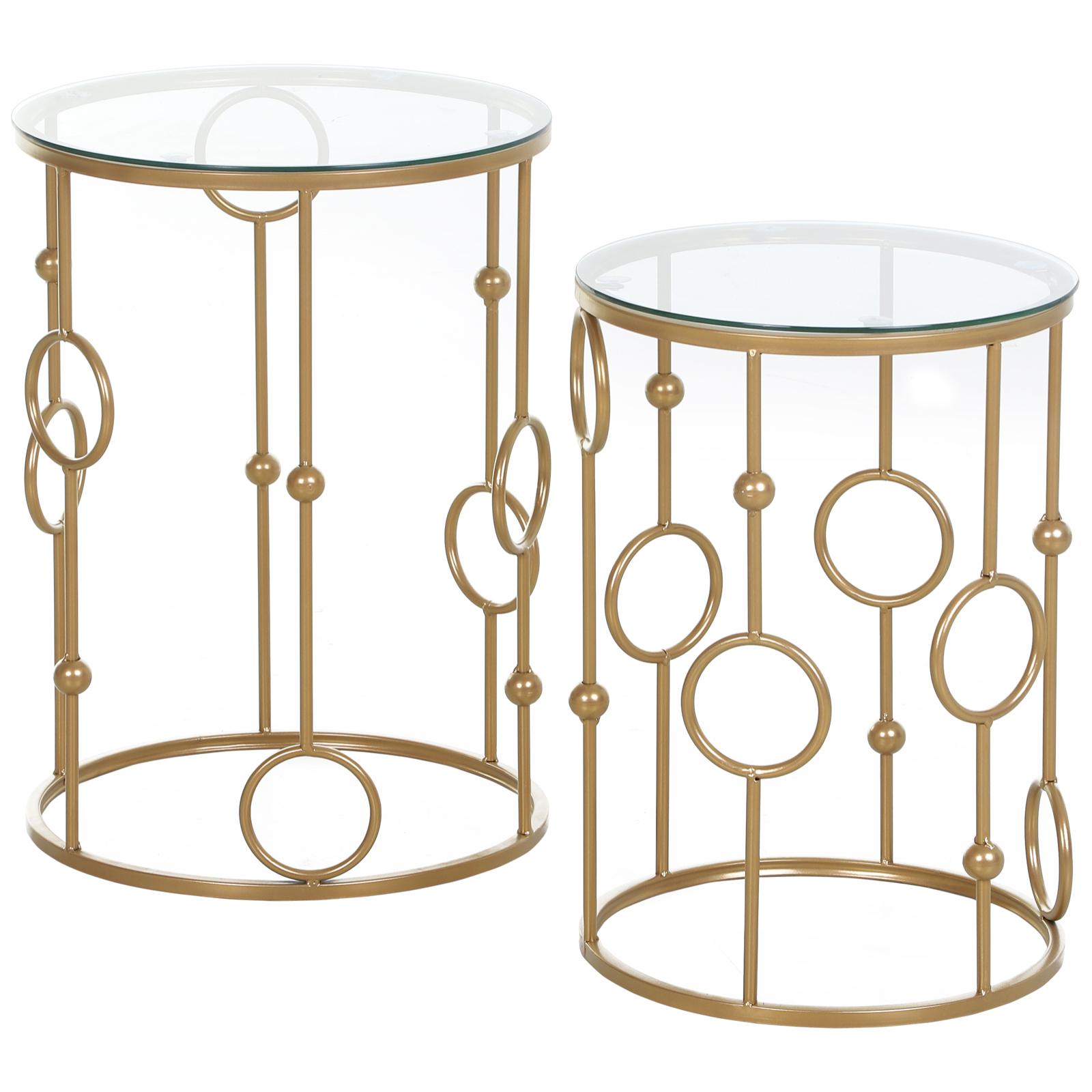 Tables gigognes lot de 2 tables basses rondes design style art déco Ø 41 et Ø 36 cm métal doré verre trempé 5 mm