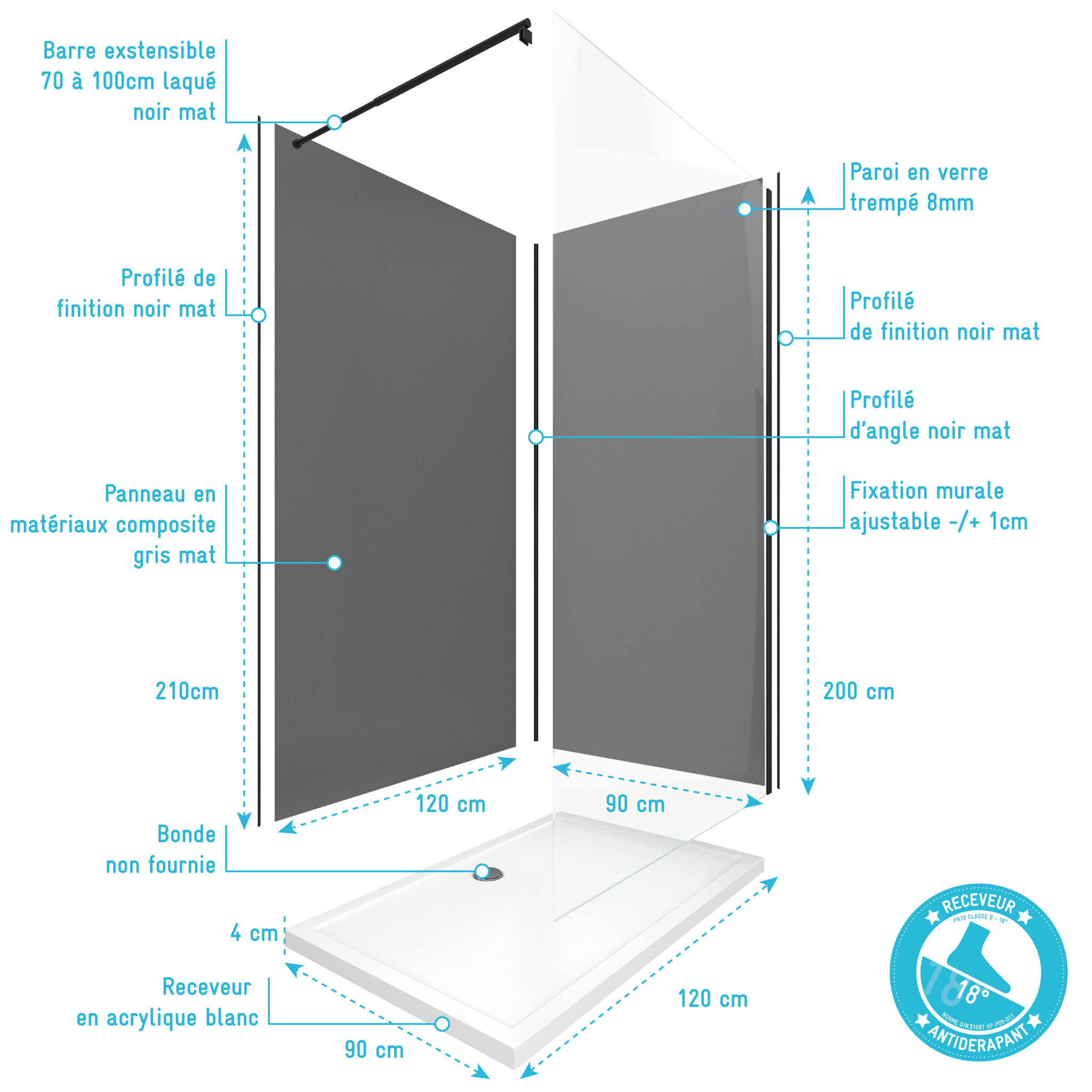 Pack Douche a l'Italienne 90x120 - Kit Panneaux Muraux Gris/Noir + Receveur + Paroi Transparente