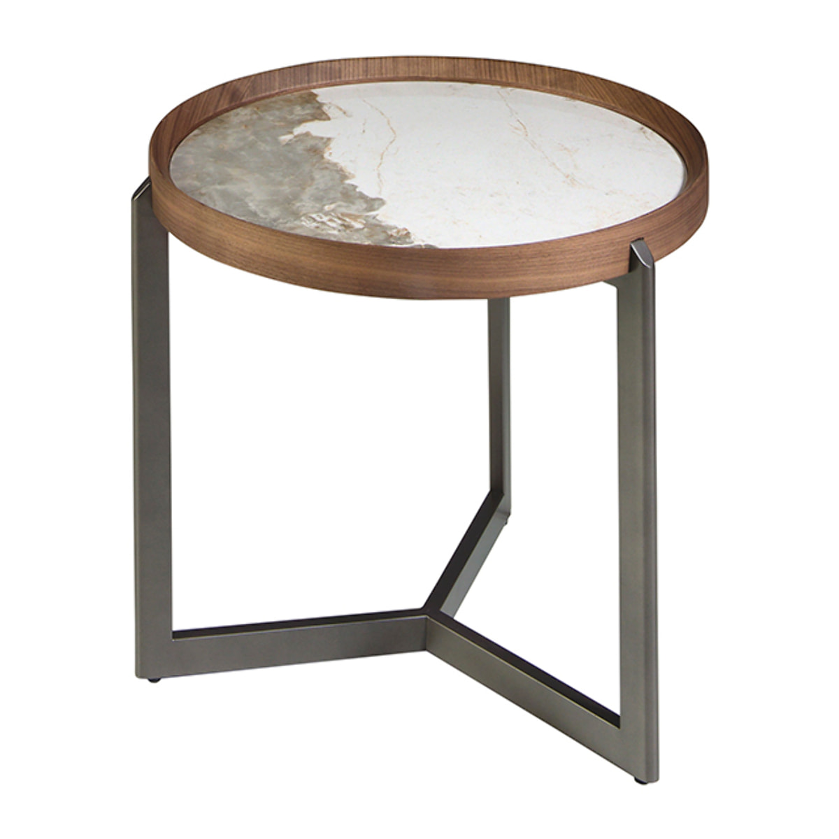 Mesa rincón redonda de madera chapada en nogal natural y tapa de mármol porcelánico blanco con vetas en tonos tierra en brillo 62x62x56cm