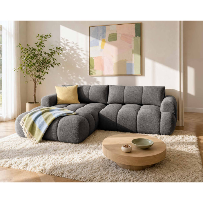 Yulin - Canapé d'angle gauche 4 places convertible avec coffre en tissu bouclette - Gris