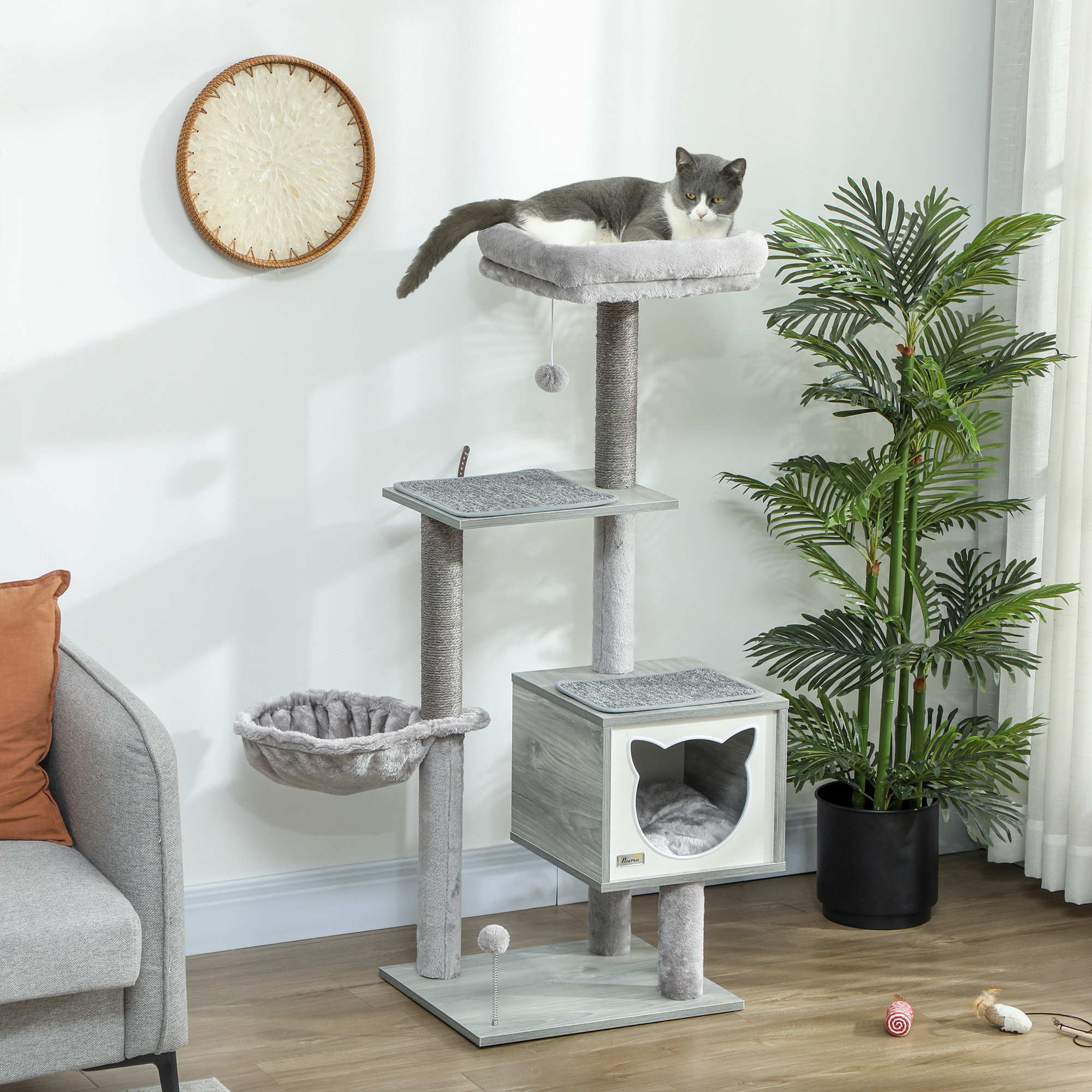 Arbre à chat multi-équipement griffoirs grattoirs niche hamac panier coussins amovibles H126 cm peluche courte sisal naturel gris