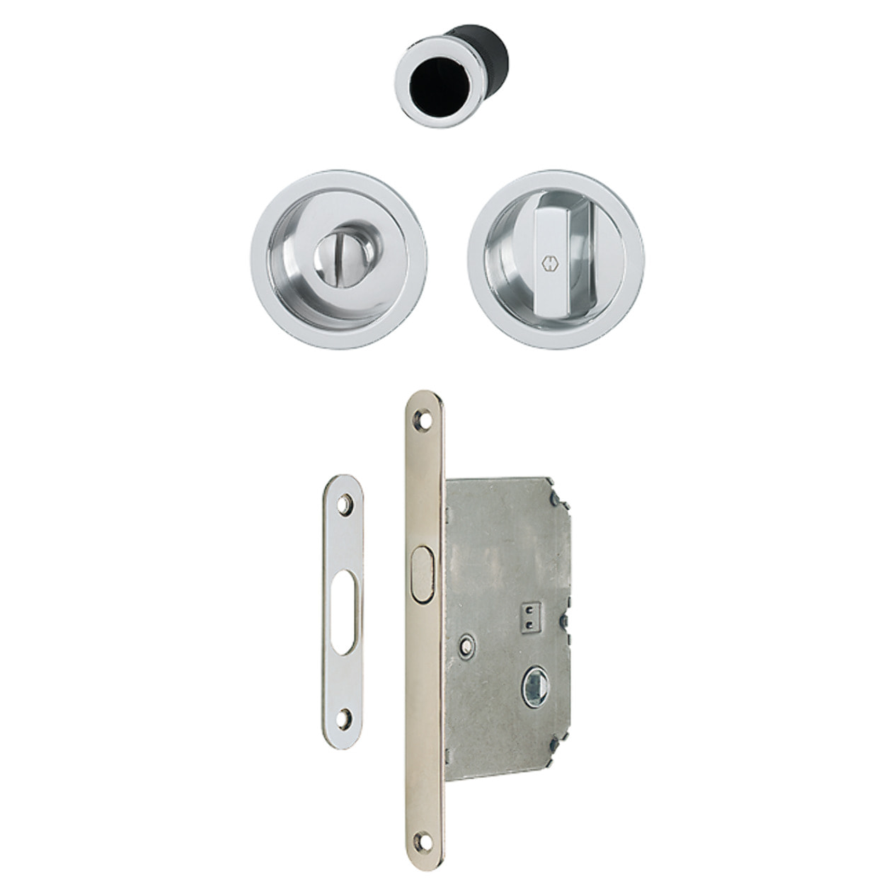 Set 1 aluminium pour porte coulissante 4920 F249 ronde aspect chromé brillant, aveugle sans gâche, cuvette + doigt - HOPPE - 3948041