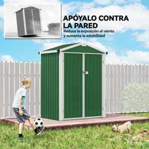 Caseta de Jardín Exterior 1,1 m², 133x87x178 cm, Cobertizo de Jardín Exterior Metálico con Puertas Correderas, Techo Inclinado y Guantes, para Almacenaje de Herramientas Bicicletas, Verde