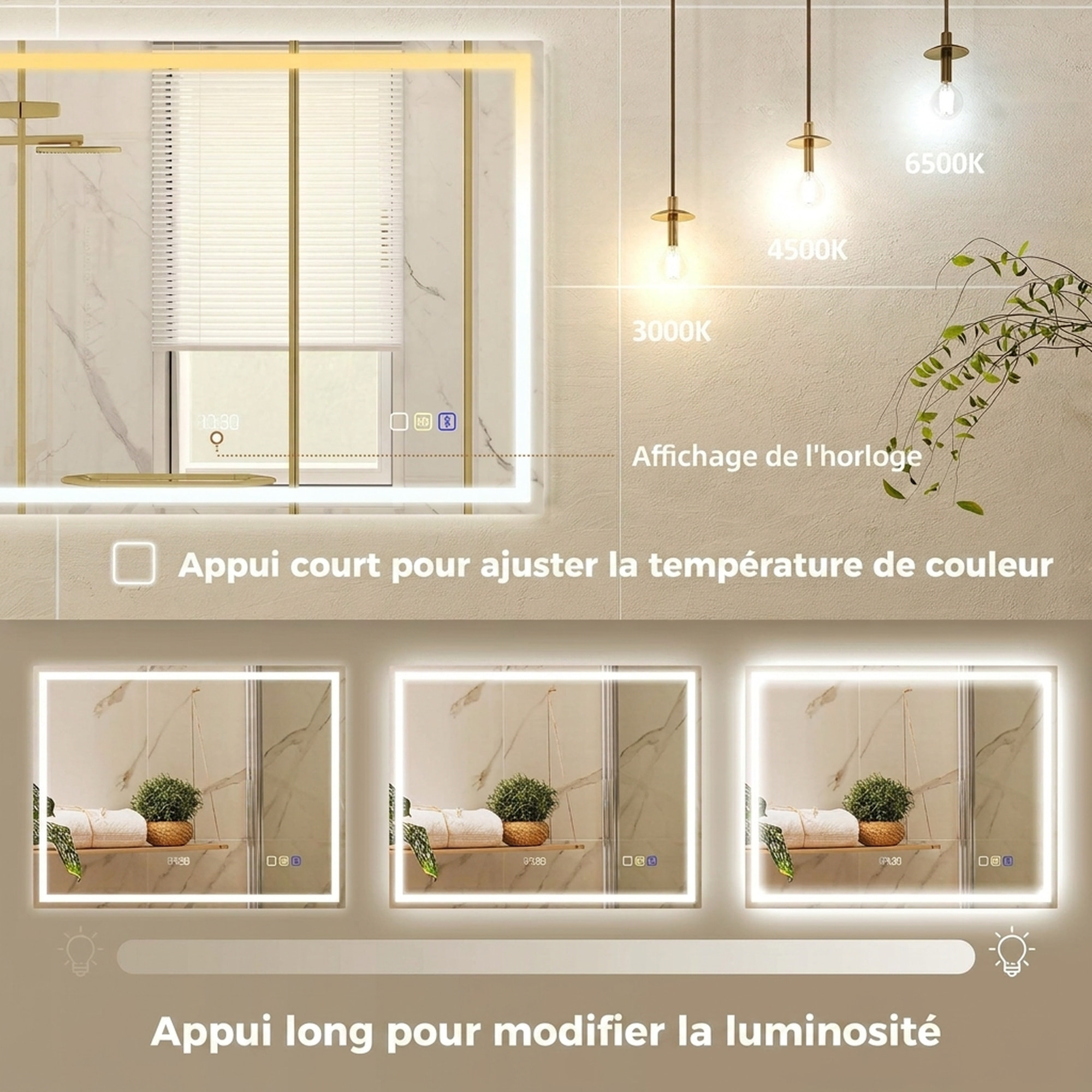 Miroir lumineux LED salle de bain 90 x 70 cm bluetooth interrupteur tactile lumière réglable 3 couleurs fonction anti-buée et mémoire