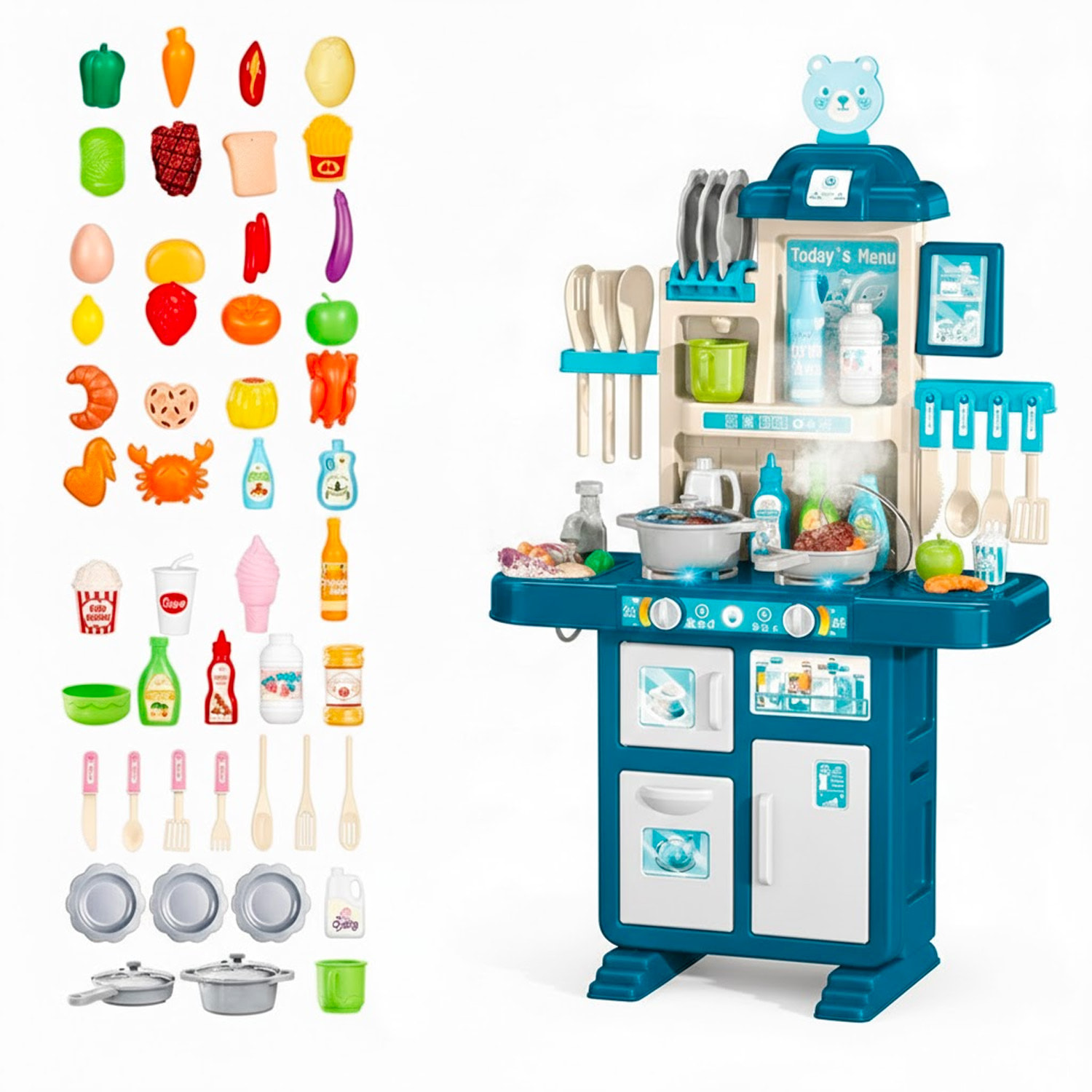 Cucina Giocattolo Per Bambini Con Luci E Suoni Realistici 69 Accessori Rubinetto Con Sistema Di Riciclo Dell'Acqua E Fornelli 3-5 Anni Blu e Bianco