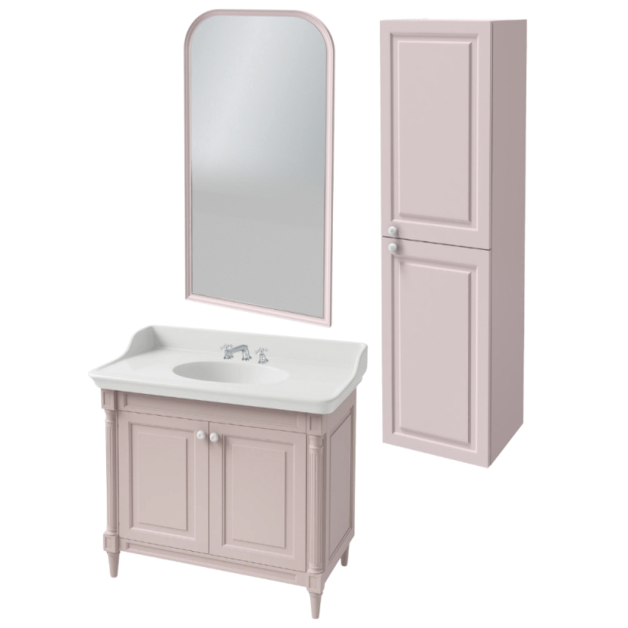 Pack meuble vasque 3 trous Cléo 1889 rose velours + colonne droite + miroir + mélangeur croisillons chrome