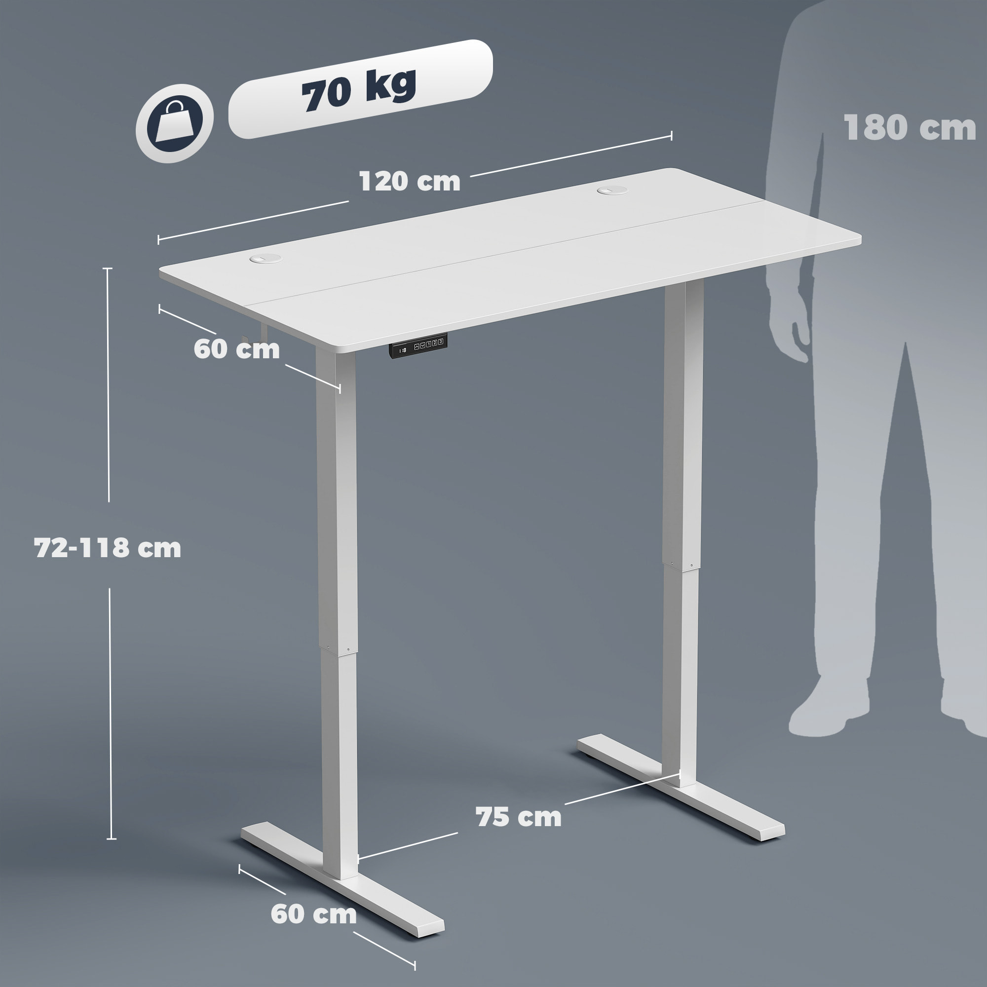 HOMCOM Escritorio Elevable 120x60 cm, Escritorio Eléctrico Regulable en Altura con 3 Alturas de Memoria, Pantalla LED, 2 Ganchos, 2 Pasacables, para Oficina en Casa, Estudio, Blanco