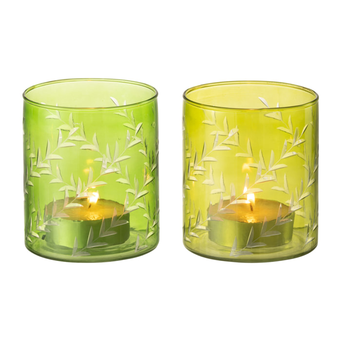 J-Line photophore Feuilles - verre - vert - large - 2 pcs