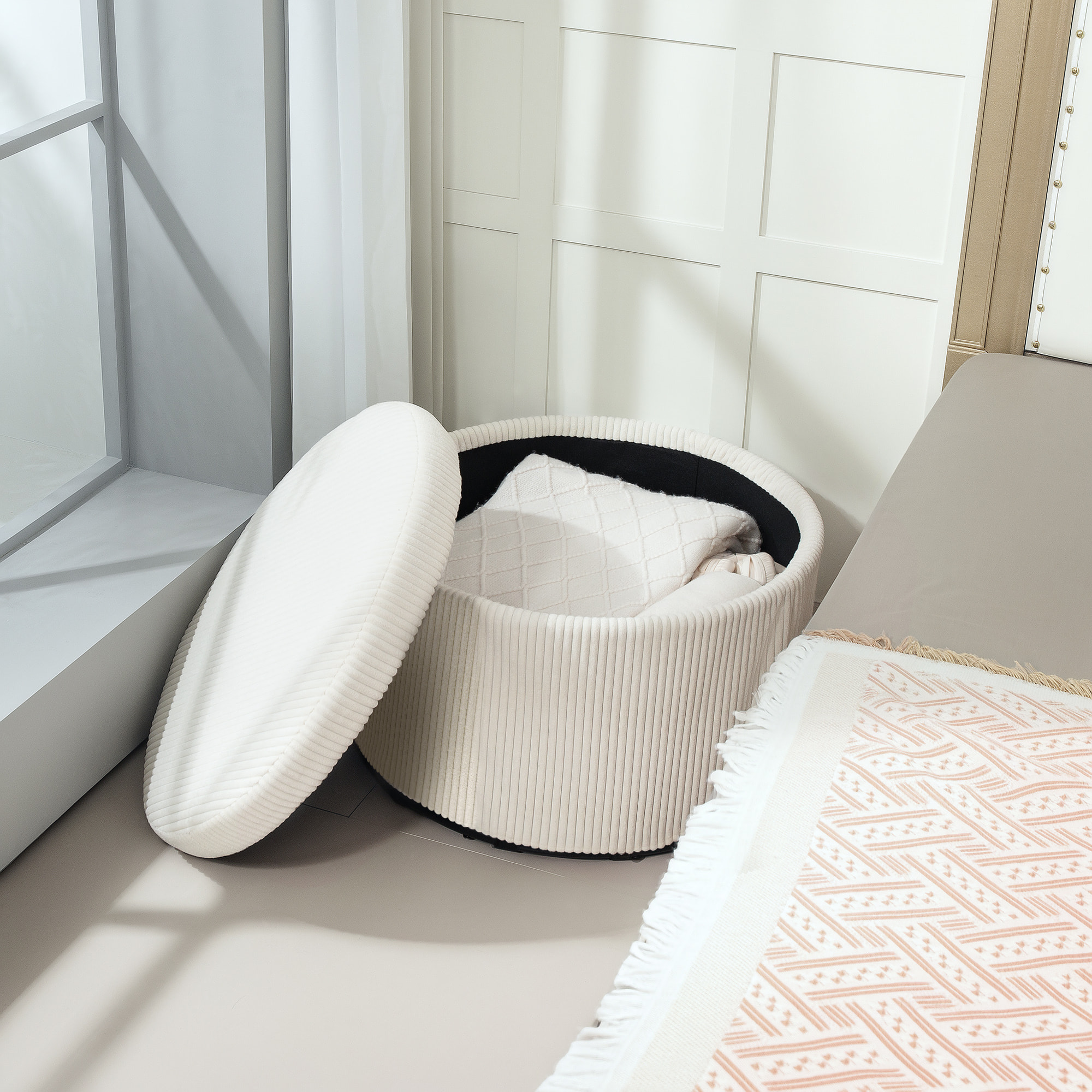 Pouf coffre velours côtelé 2 en 1 design rond dia. 60 cm beige