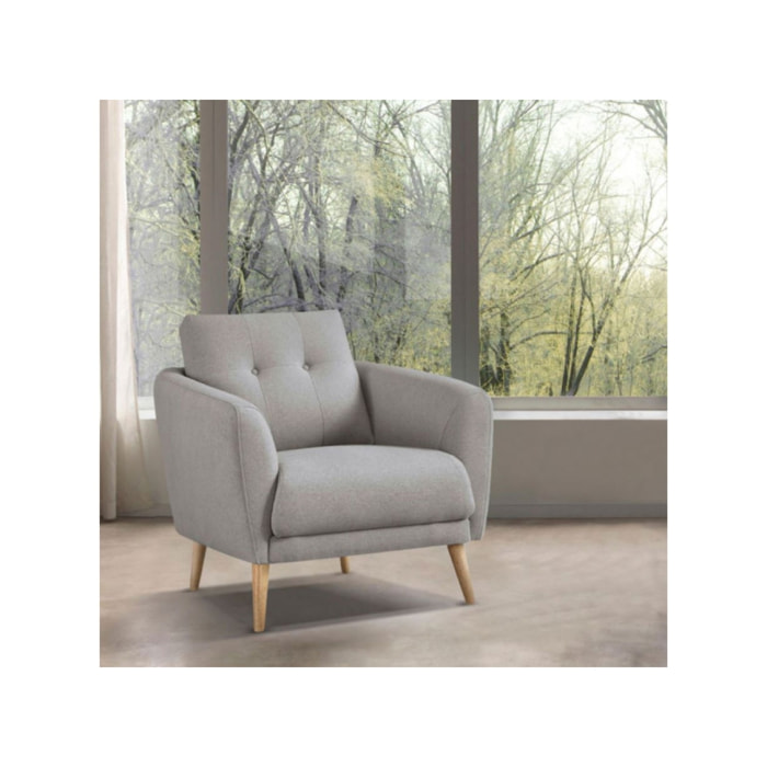 Fauteuil en tissu gris capitonné avec piètement en bois massif - SIENNA