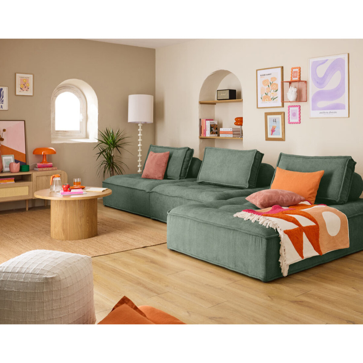 Marisol - canapé d'angle modulable 4 places - velours texturé - Vert