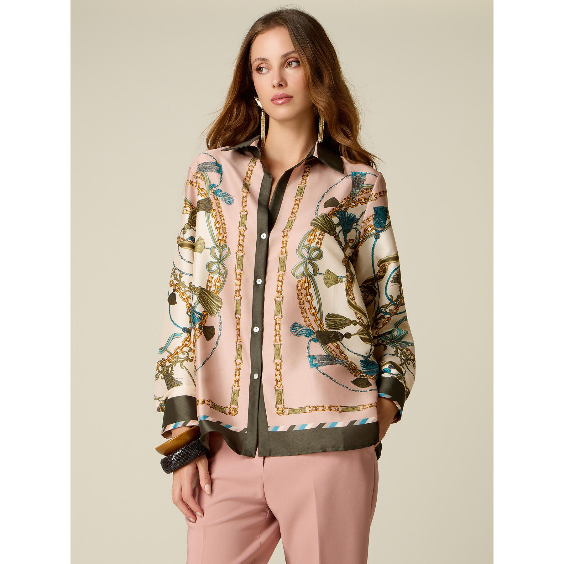 Oltre - Camicia in raso misto seta fantasia - Rosa