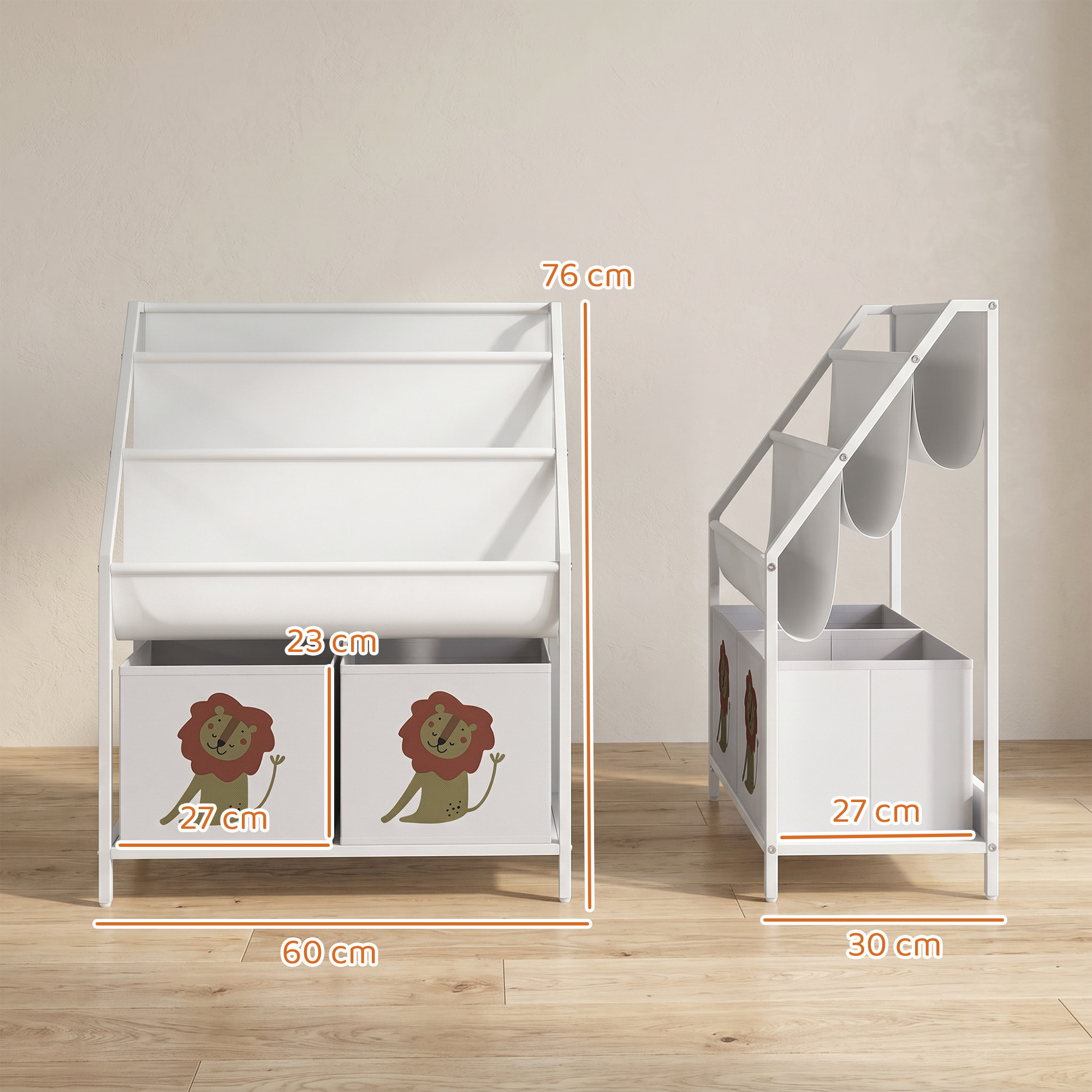 AIYAPLAY Librería Infantil de 4 Niveles Estantería para Libros Montessori con 3 Estantes 2 Cajones de Tela con Diseño de León para Sala de Juegos Dormitorio Guardería para Niños de Altura 76 cm Blanco