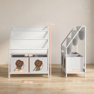 AIYAPLAY Librería Infantil de 4 Niveles Estantería para Libros Montessori con 3 Estantes 2 Cajones de Tela con Diseño de León para Sala de Juegos Dormitorio Guardería para Niños de Altura 76 cm Blanco