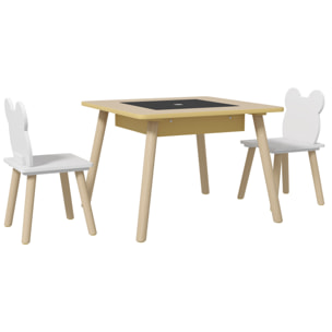 Juego de Mesa y 2 Sillas Infantiles de Madera, Mesa Infantil con Sillas, con Pizarra, Respaldo en Forma de Osito y Compartimentos, para Niños, para Guardería, Dormitorio, Natural y Blanco