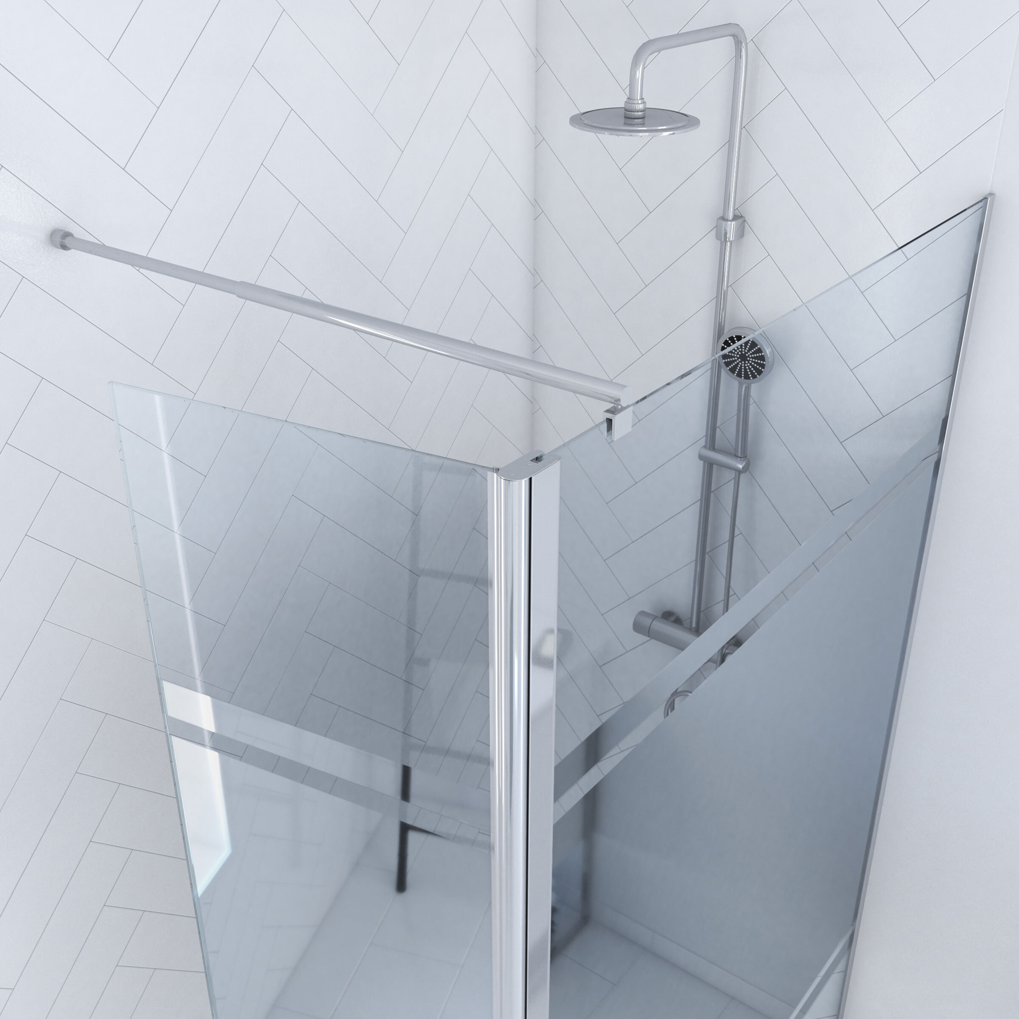 Paroi de Douche et Volet Pivotant 90+40x200 cm - Bandeau Miroir - Barre de Fixation Chrome