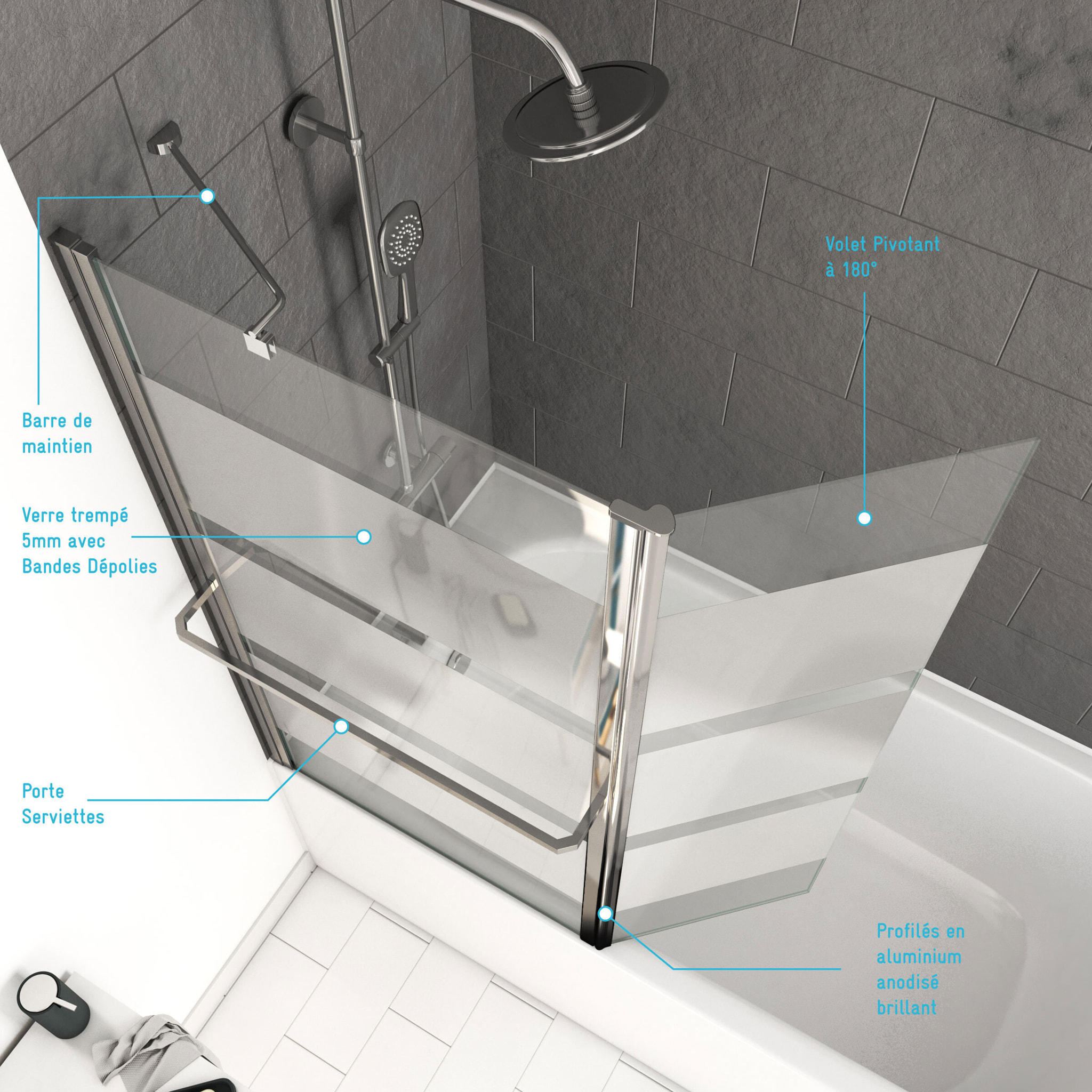 Pare baignoire + volet pivotant 130x105- Profile aluminium chrome et verre transparent bande depolie