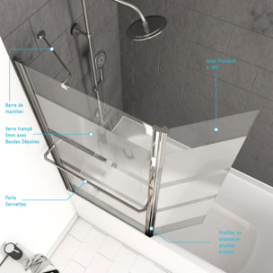 Pare baignoire + volet pivotant 130x105- Profile aluminium chrome et verre transparent bande depolie