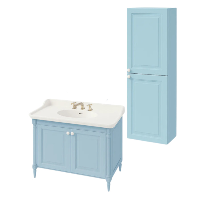 Pack meuble vasque 3 trous Cléo 1889 bleu velours + colonne droite + mélangeur croisillons or