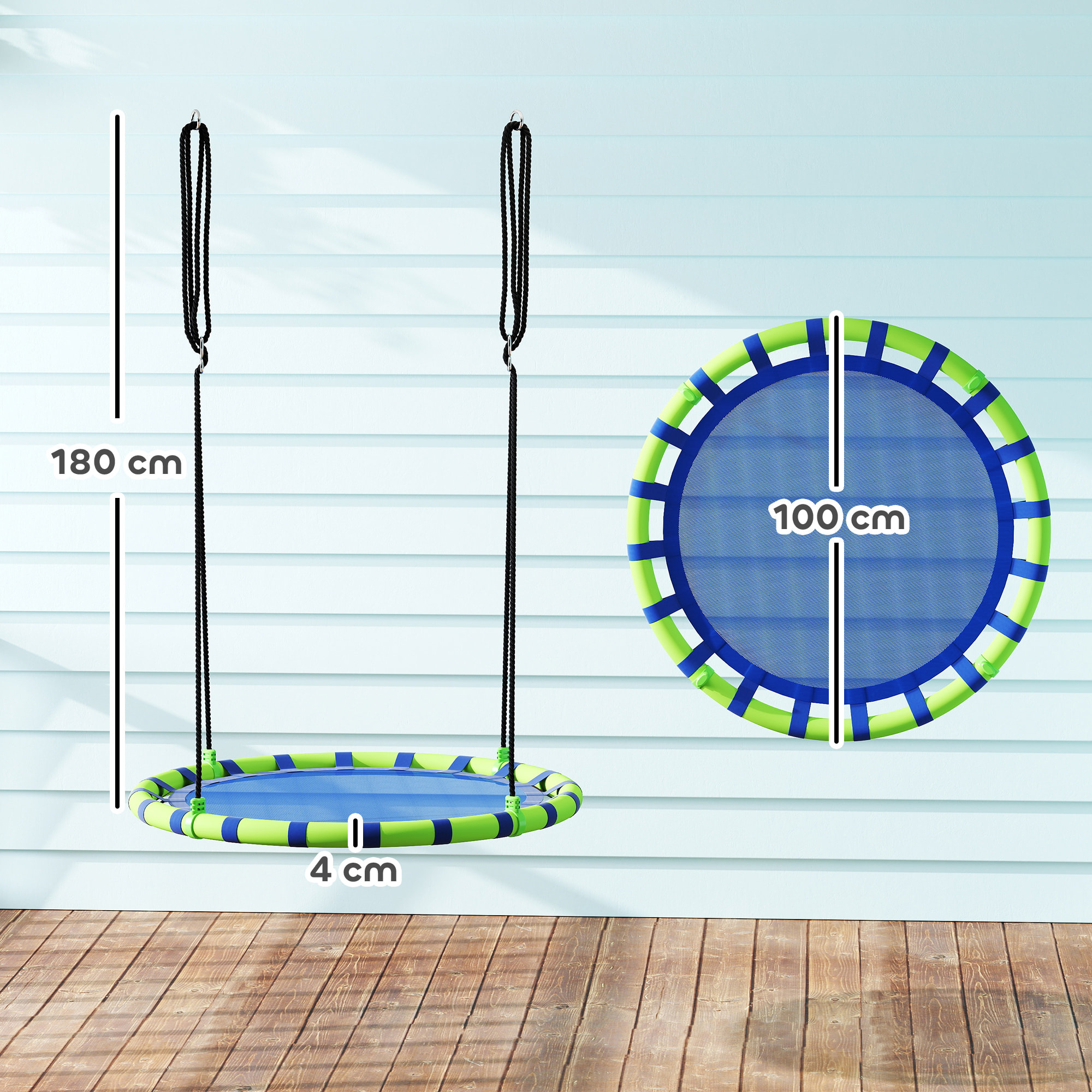 Columpio para Niños Redondo Columpio Jardín Exterior Ajustable Columpio Infantil Impermeable Carga 150 kg Ø100x180 cm Azul y Verde