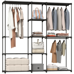 Armario de Ropa, Perchero, 182x43x185 cm, Armario Abierto con 8 Estantes de Tela, Barras para Colgar, Marco de Metal, para Dormitorio, Salón, Vestidor, Negro