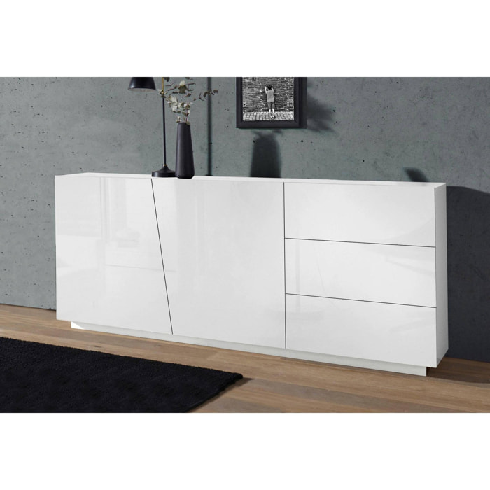 Credenza moderna a 2 ante e 3 cassetti, Made in Italy, Madia da cucina, Buffet di design da soggiorno, cm 180x43h86, colore Bianco lucido