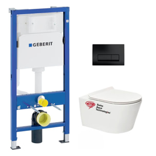 Pack WC sans bride Brevis, fixations invisibles + Abattant softclose slim + Bâti support Geberit UP100 + Plaque Noir mat