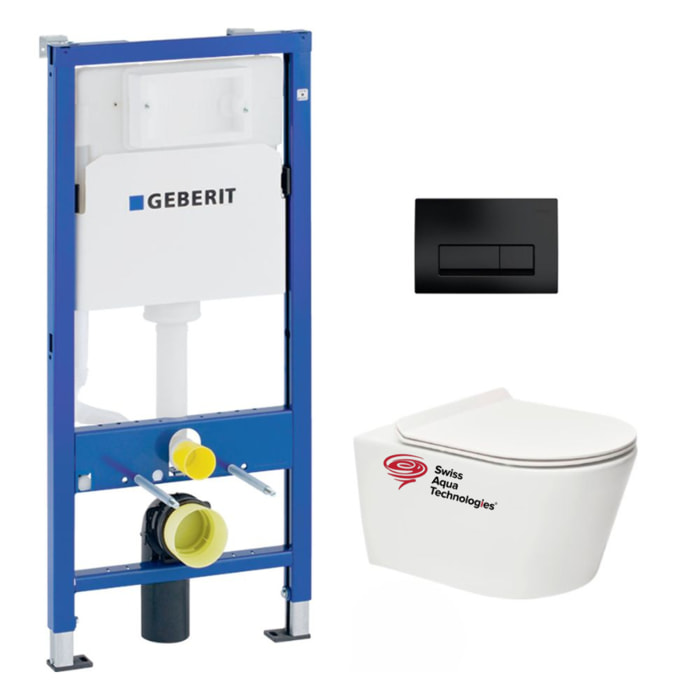Pack WC sans bride Brevis, fixations invisibles + Abattant softclose slim + Bâti support Geberit UP100 + Plaque Noir mat