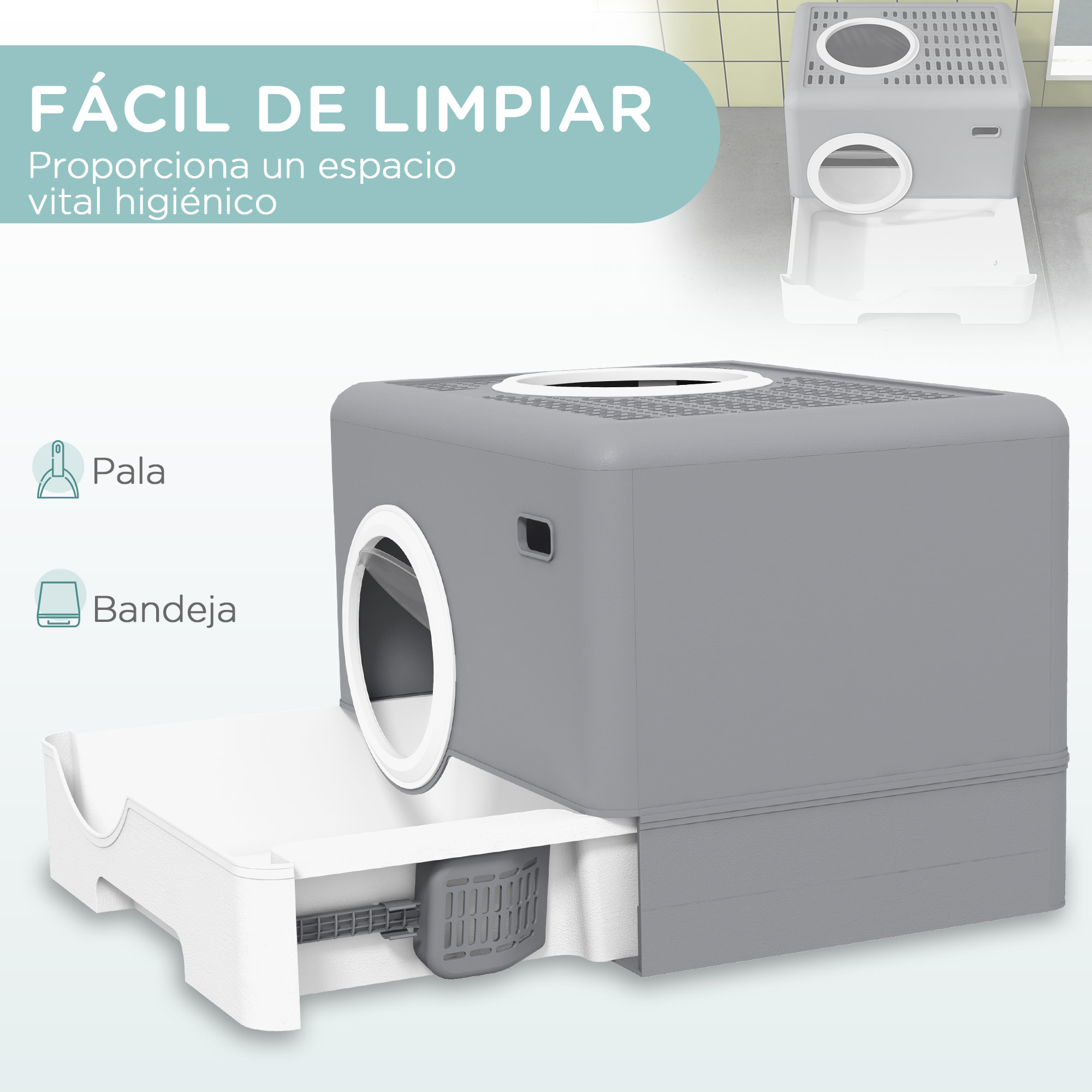 Arenero para Gatos Cubierto, Caja de Arena para Gatos con Bandeja Extraíble, Entrada Frontal y Salida Superior, Pala, Fácil de Limpiar, Antifugas, Gris