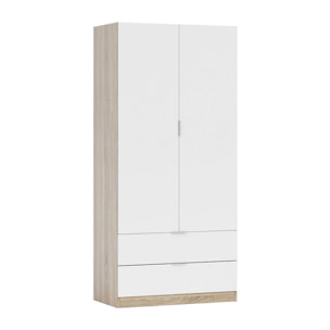 Guardaroba Worcester, Armadio per camera da letto a 2 ante e 2 cassetti, Mobile con barra appendiabiti, cm 82x52h180, Bianco e Rovere