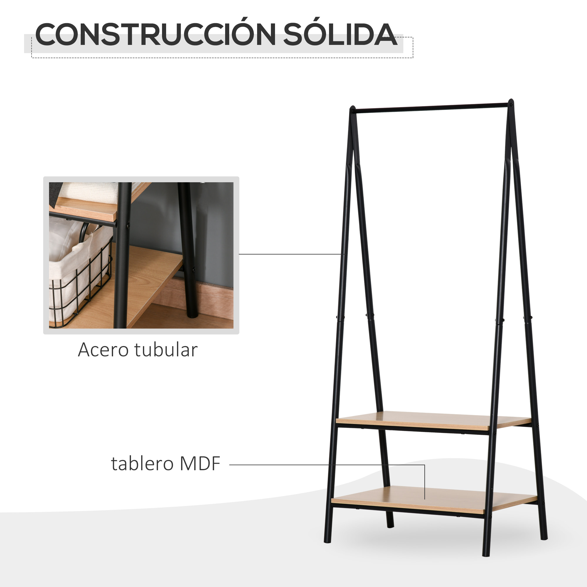 Perchero de Ropa Perchero de Pie con 2 Estantes de Almacenamiento Barra para Colgar y Marco de Acero para Entrada Pasillo Dormitorio 64x42,5x149 cm Negro