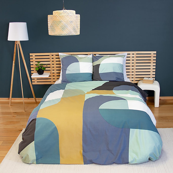 Parure housse de couette 100% coton motifcolor block - bleu et ocre
