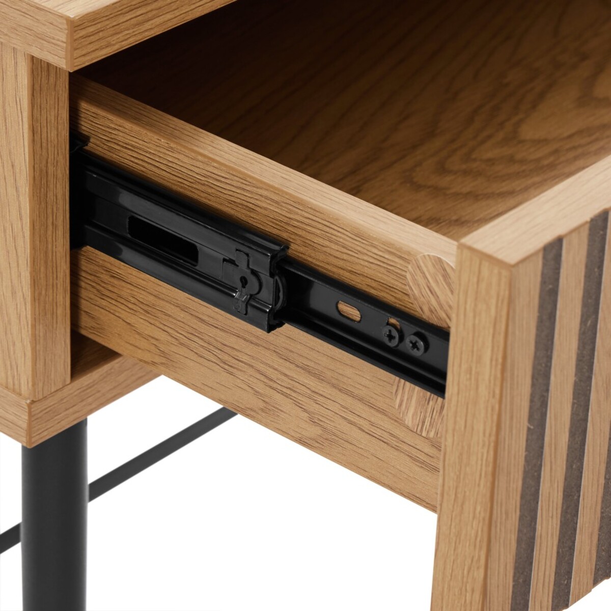 SCOTT - Bureau 2 tiroirs décor effet bois rainuré noir et naturel