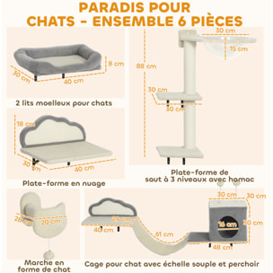 Arbre à chat design mural - parcours mural en bois pour chat 6 pièces variées - crème gris