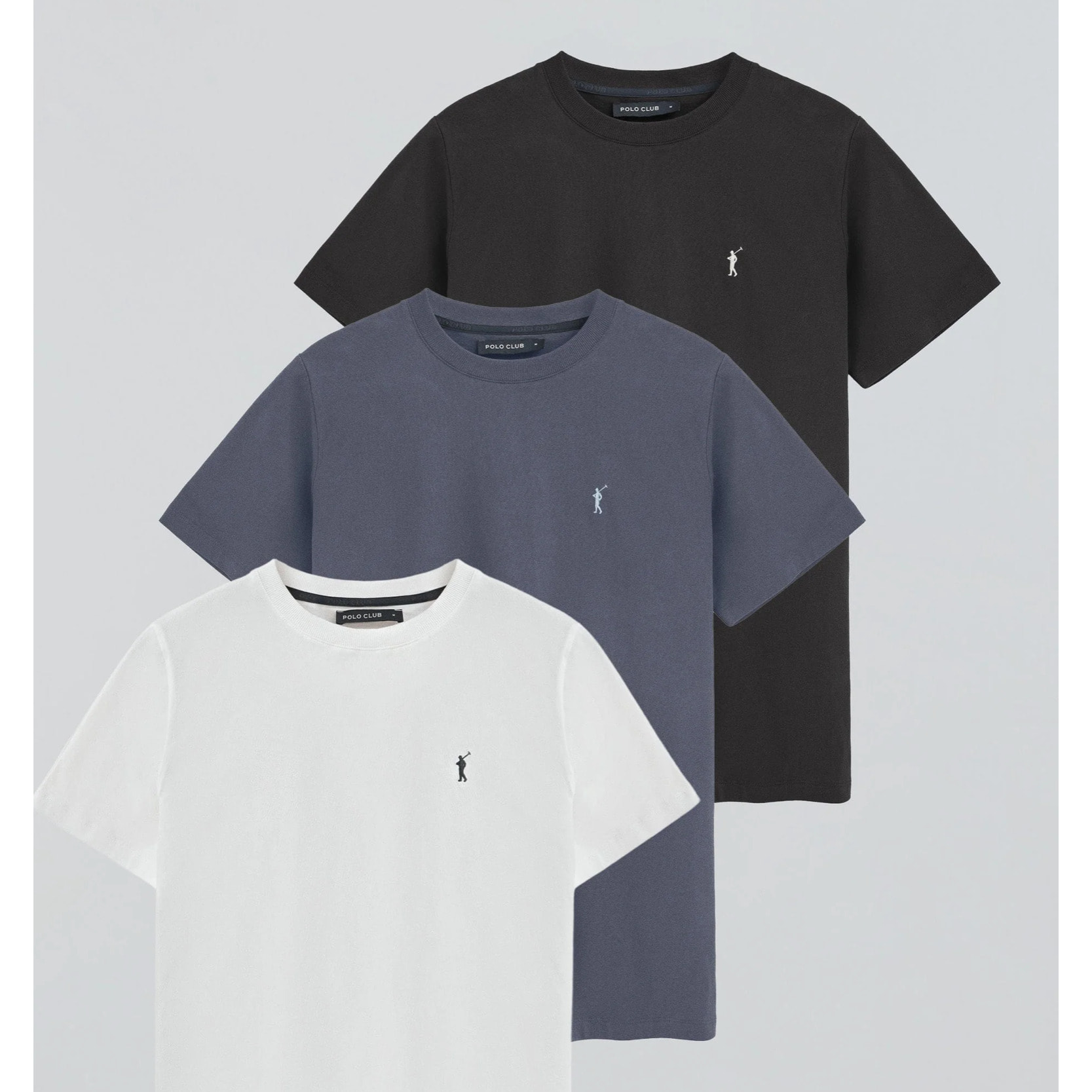 Pack hombre de tres camisetas en negro, azul denim y blanco con cuello redondo y bordado Rigby Go