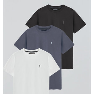 Pack hombre de tres camisetas en negro, azul denim y blanco con cuello redondo y bordado Rigby Go