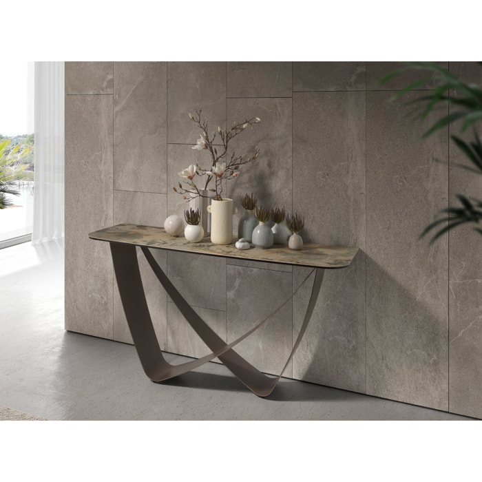Consola Angel Cerdá rectangular con tapa de mármol porcelánico en tonalidades tierra y grises en acabado mate y unas originales patas de acero inoxidable 150x50x80cm