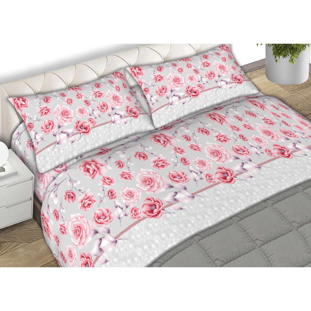 Completo Lenzuola In Flanella Rose Rosa CN Misura Letto Matrimoniale