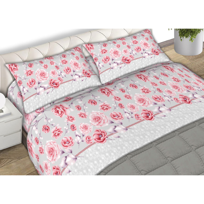 Completo Lenzuola In Flanella Rose Rosa CN Misura Letto Matrimoniale