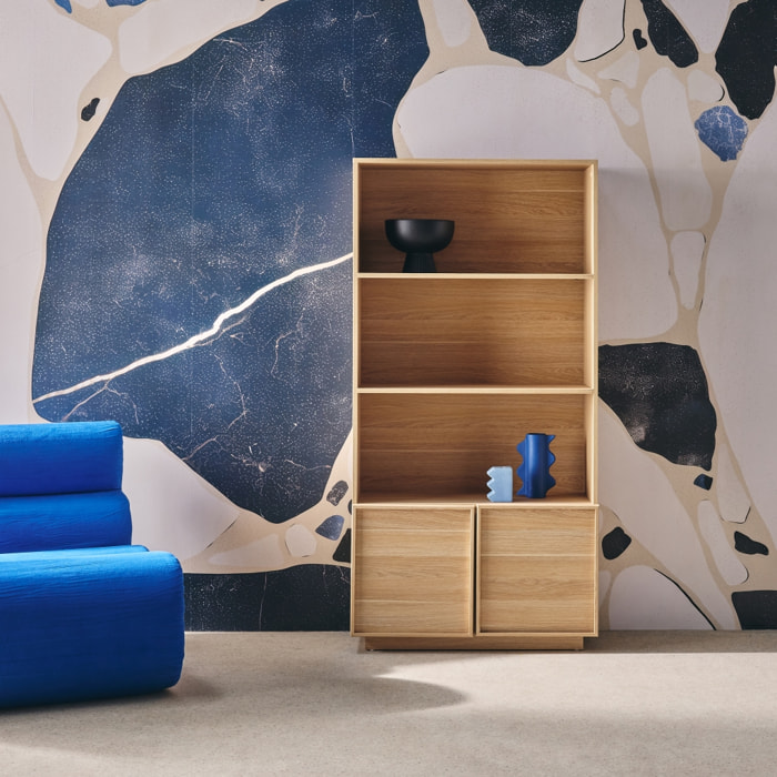 Etagères bibliothèque effet bois naturel 2 portes 5 niveaux - L 80 x P 35 x H 160cm - Kuba