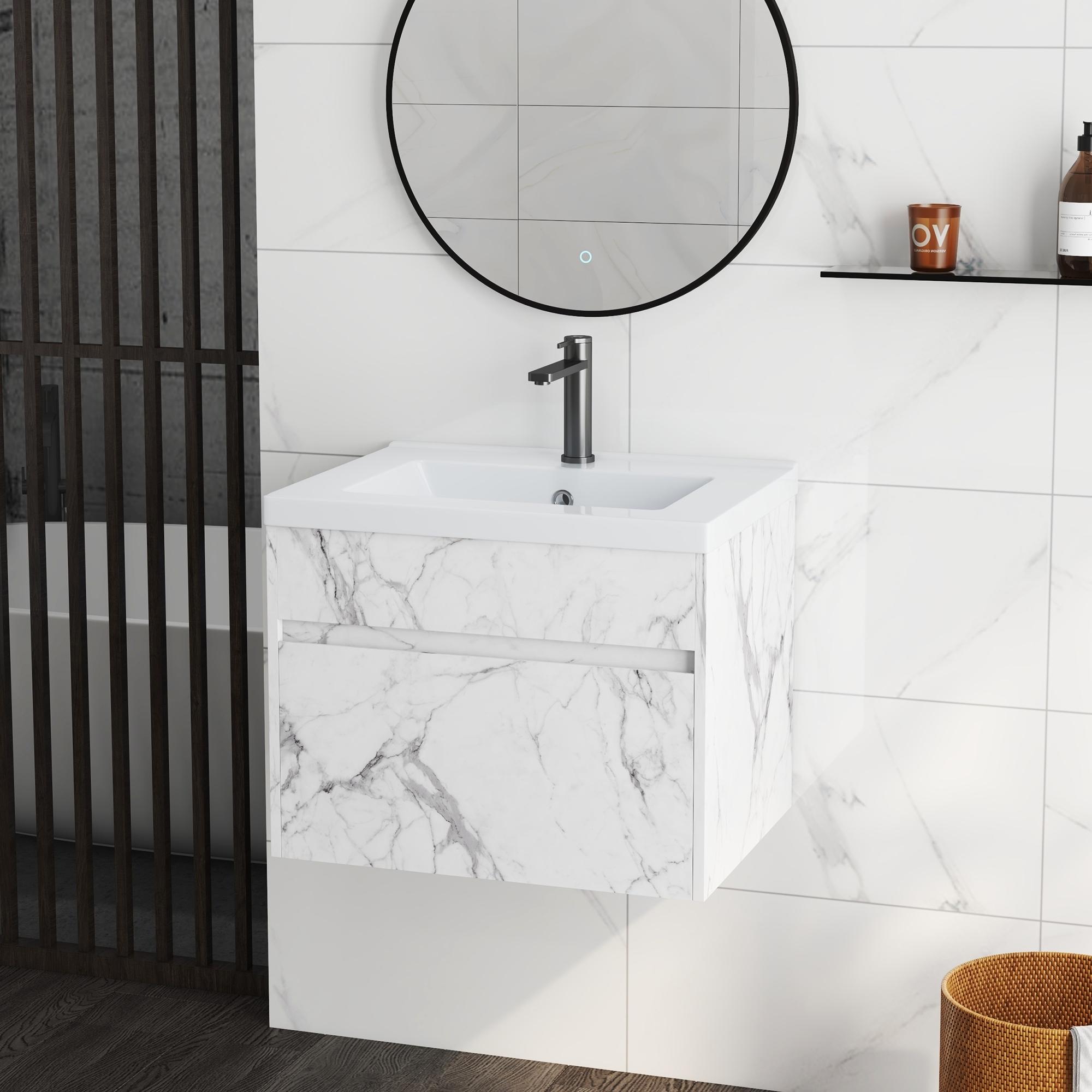 Meuble sous-vasque suspendu - vasque céramique incluse - tiroir coulissant - dim. 60L x 45l x 45H cm - aspect marbre blanc