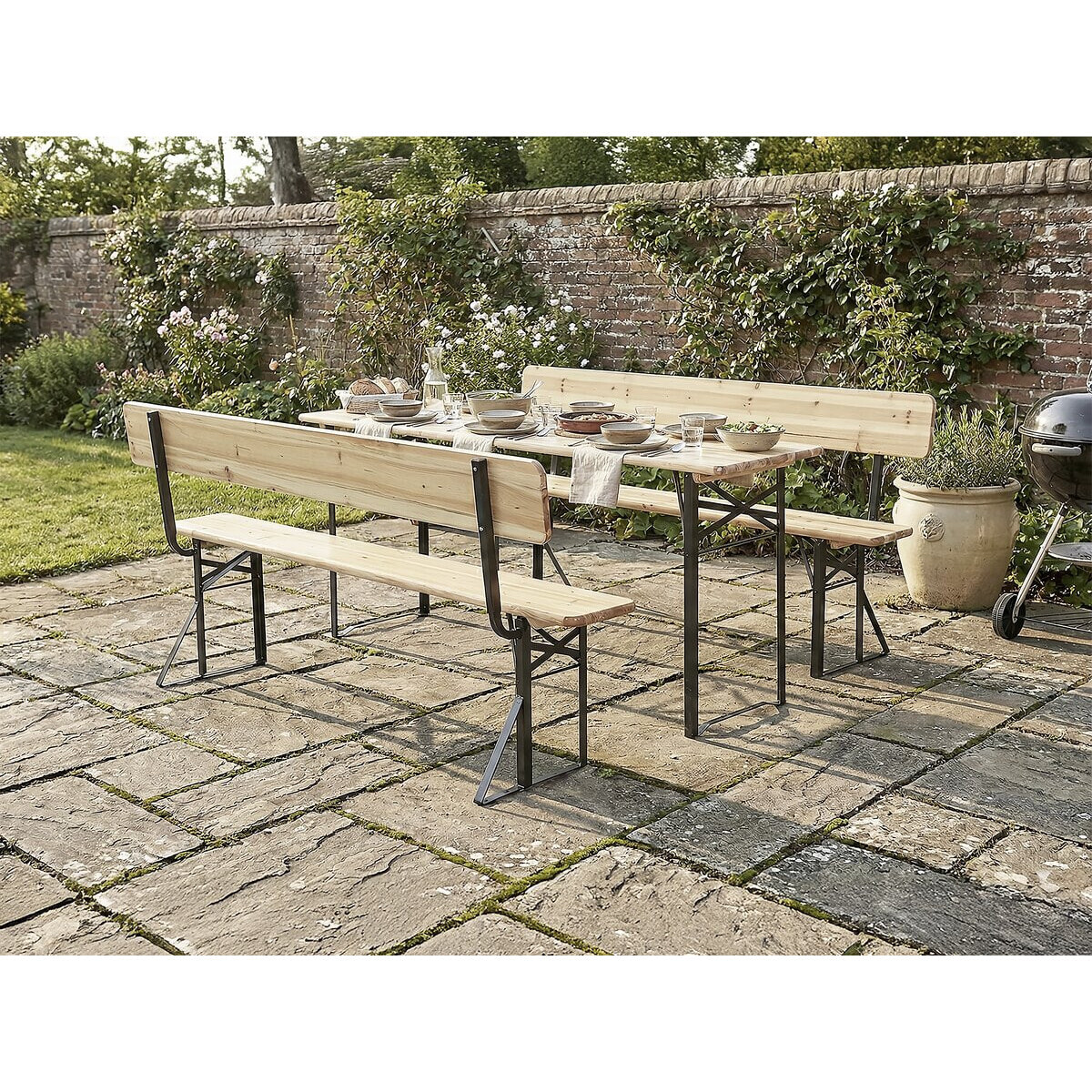 Salon de jardin set brasserie en bois avec dossier "Lisbonne" - 180 cm - Marron