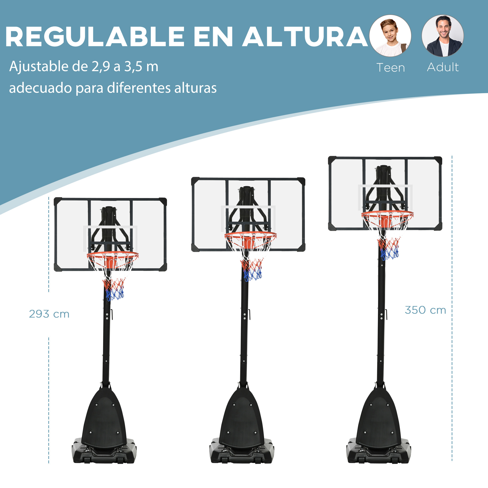 Canasta de Baloncesto con Altura Ajustable 293-350 cm Aro de Baloncesto con Ruedas Tablero de Rebote Base Rellenable para Exterior 111x70,5x293-350 cm Negro