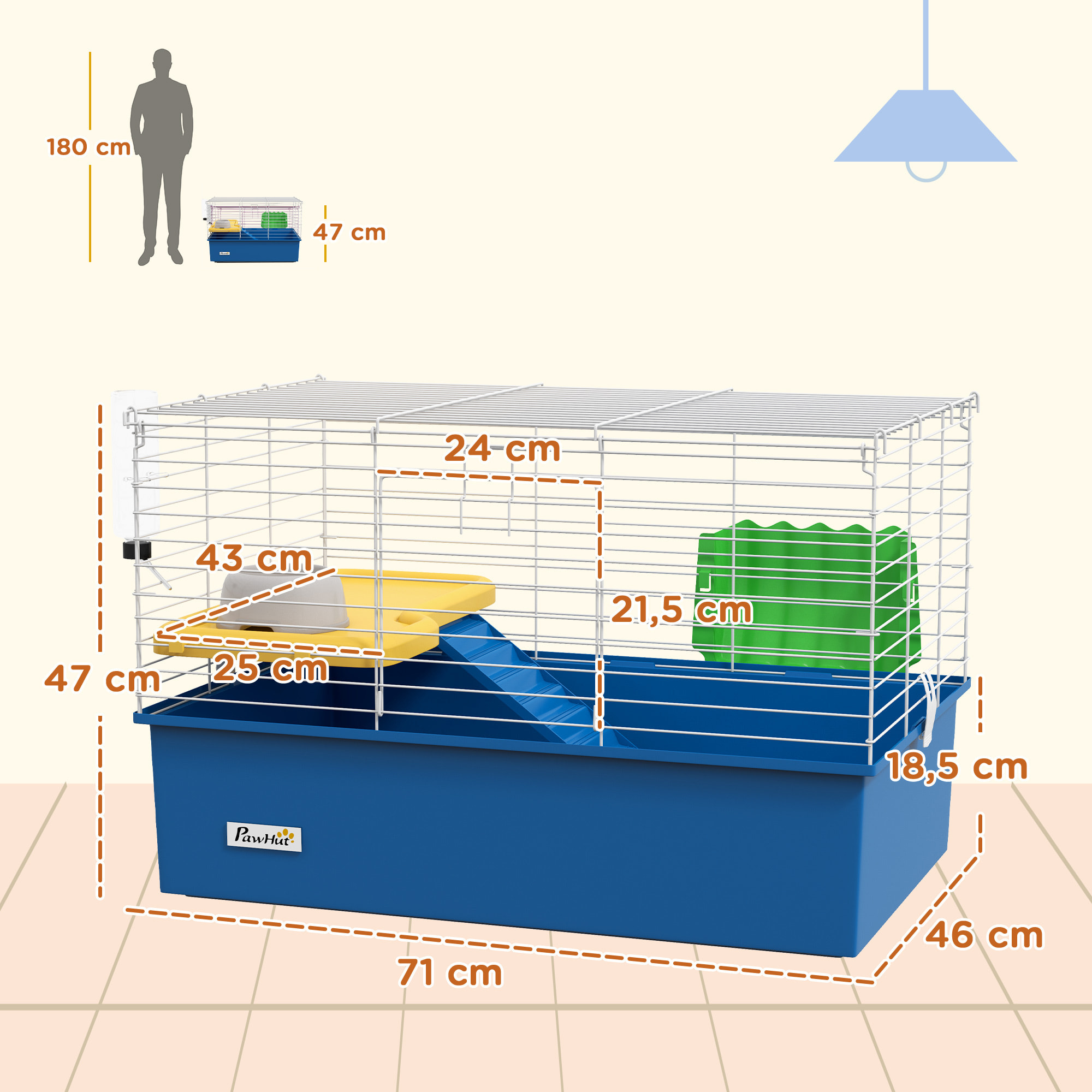 Jaula para Hurones con Bandeja Inferior Jaula para Animales Pequeños con Plataforma con Rampa Comedero y Bebedero Recinto para Conejos Pequeños Chinchillas Cobayas 71x46x47 cm Blanco y Azul