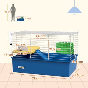 Jaula para Hurones con Bandeja Inferior Jaula para Animales Pequeños con Plataforma con Rampa Comedero y Bebedero Recinto para Conejos Pequeños Chinchillas Cobayas 71x46x47 cm Blanco y Azul