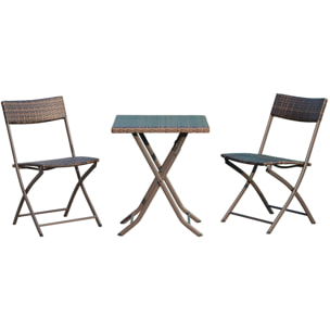 Ensemble meubles de jardin design table carré et chaises pliables résine tressée imitation rotin marron