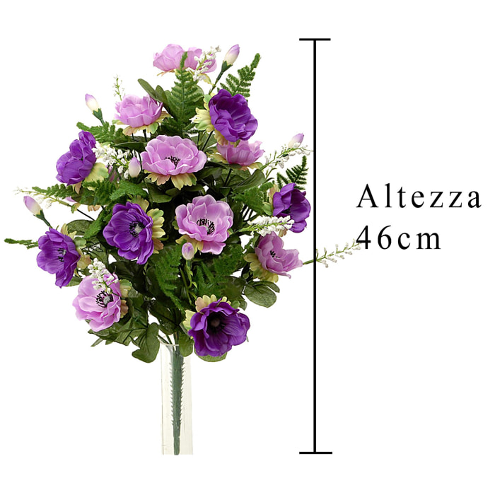 Bouquet Composto Di 14 Fiori Di Anemone. Altezza 46 Cm - Pezzi 3 - 23X46X11cm - Colore: Viola - Bianchi Dino - Fiori Artificiali