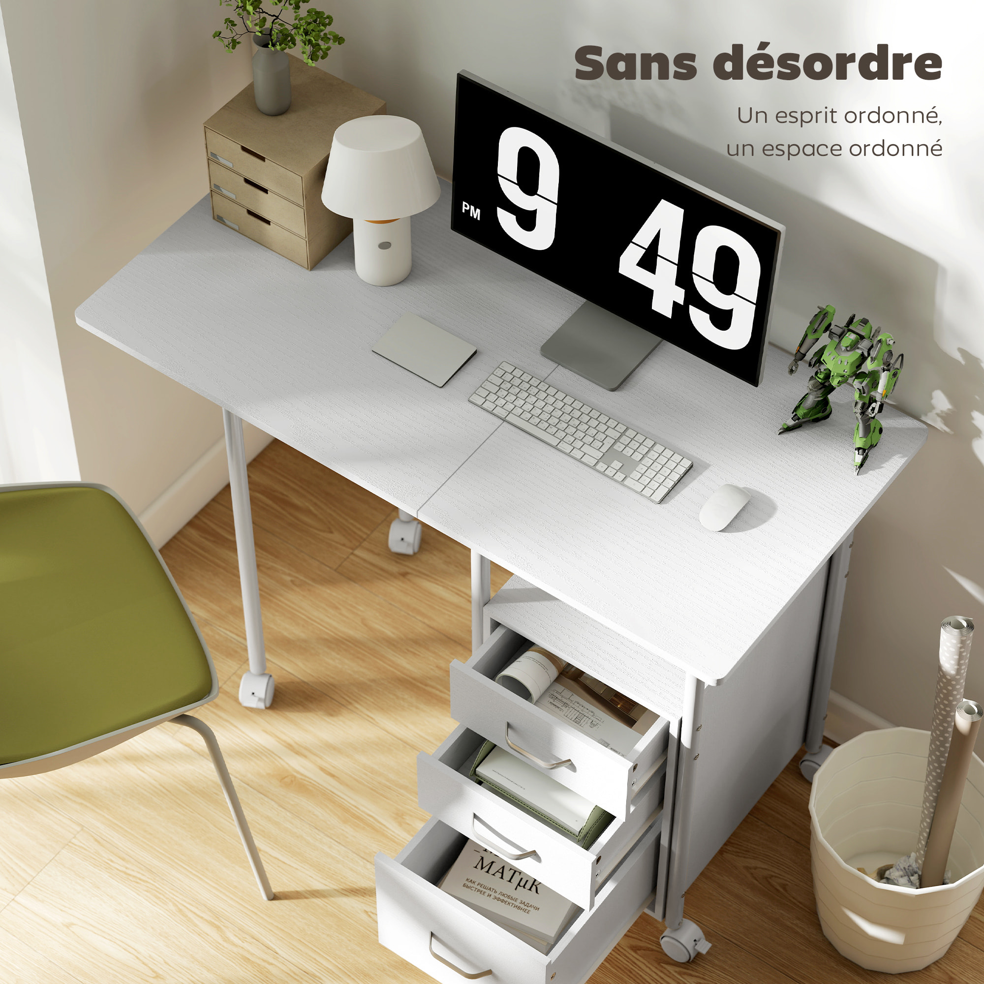 Bureau pliable sur roulettes avec rangement 3 tiroirs dim. totales 105x51x75,5cm métal effet bois blanc