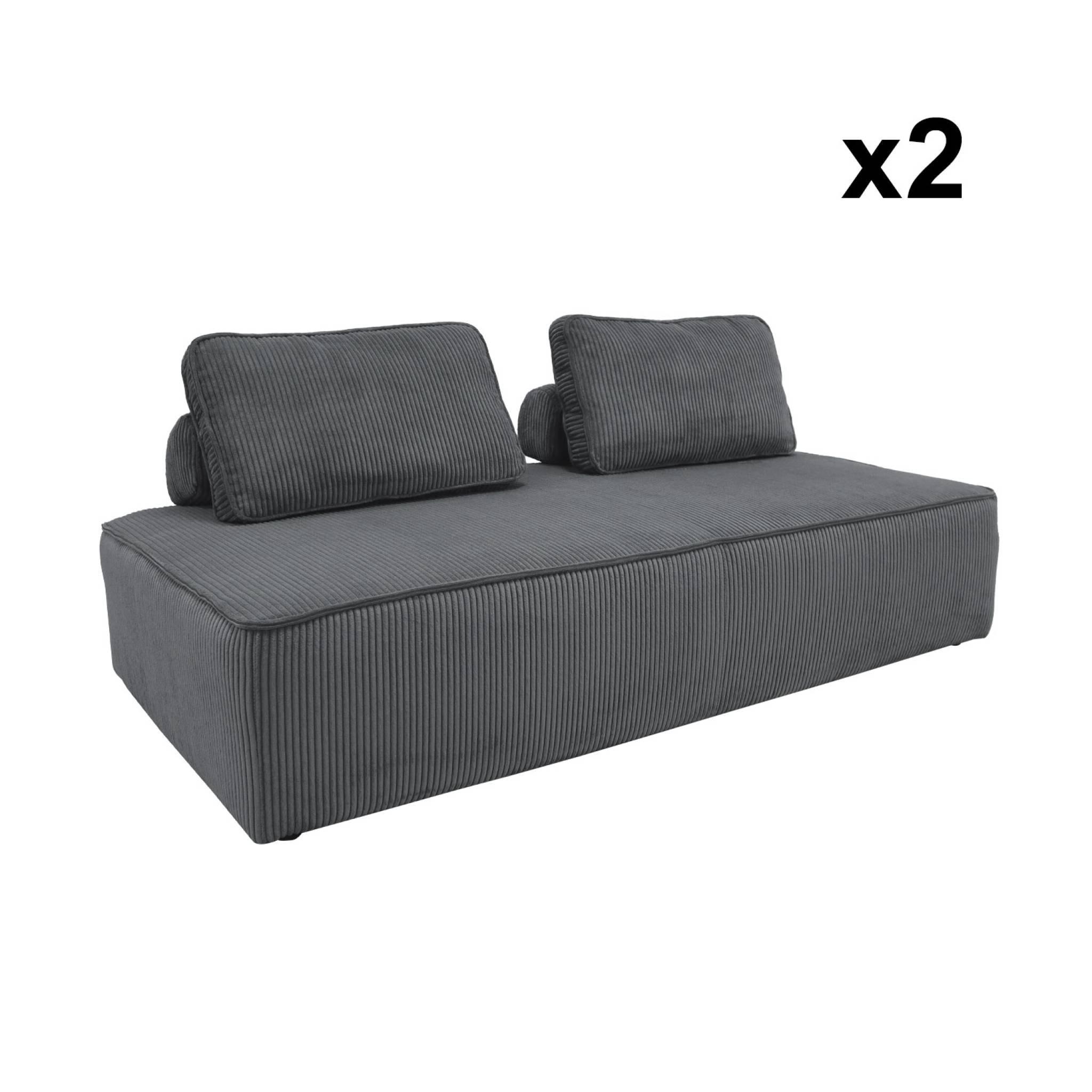 Lot de 2 chauffeuses LAO 2 places pour canapé modulable velours côtelé gris foncé. L 180 x P 90 x H 78cm