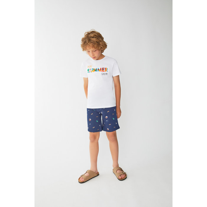 Conjunto Niño Blanco con Estampado Colorido "Enjoy Summer" y Pantalón Corto Azul con Estampado Divertido | Color: Blanco | Street Monkey